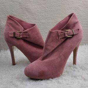 Colin Stuart Pink Suede Brass Buckled Upper Almond Toe Stiletto Heel Bootie